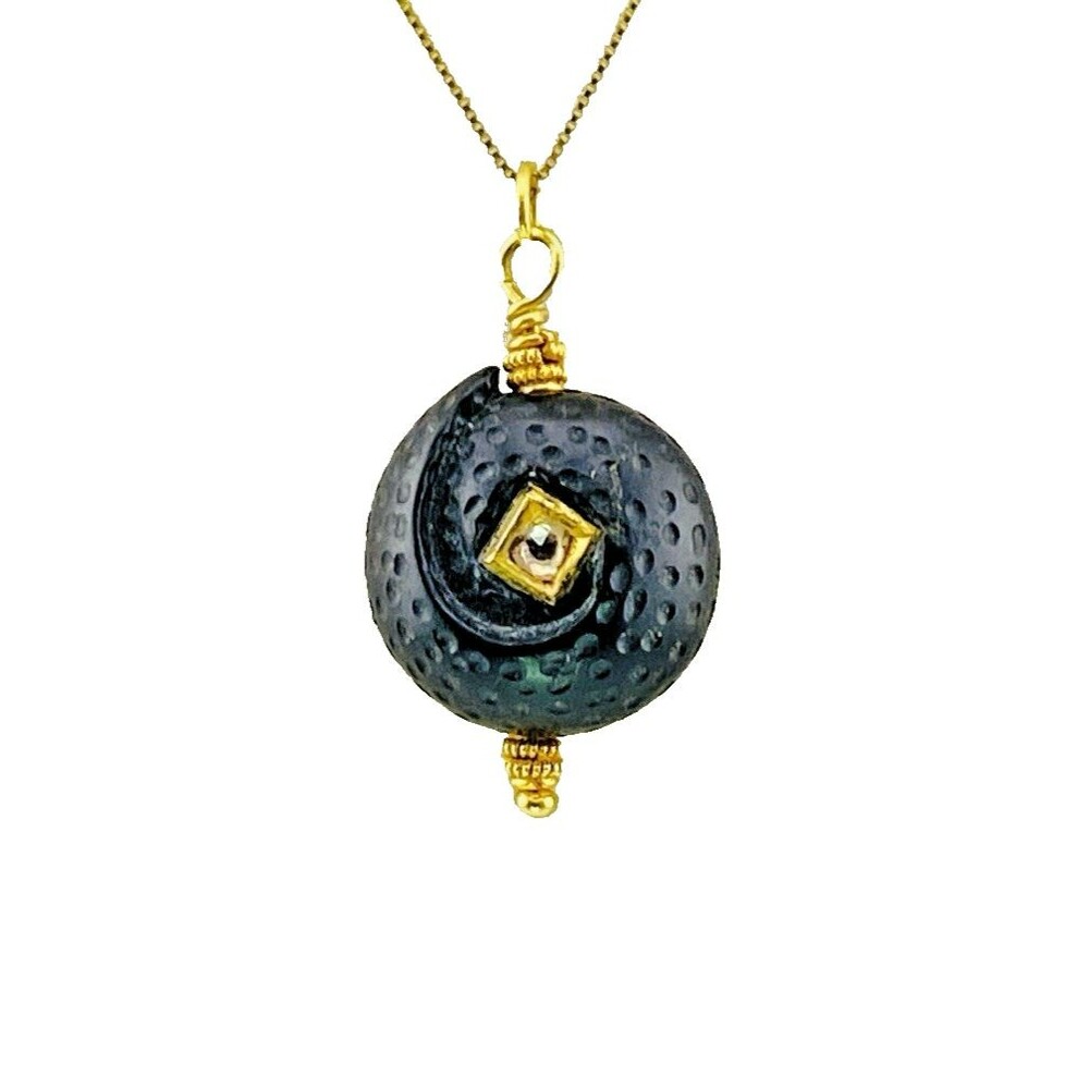 OOAK Vintage Carved Black Bead Diamond 14K Gold Artist Pendant